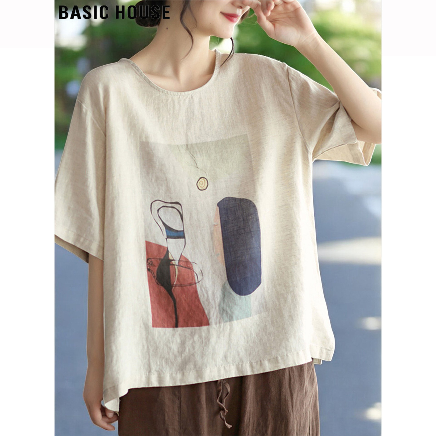 Basic House/百家好日系纯棉短袖T恤女夏季新款宽松复古印花上衣