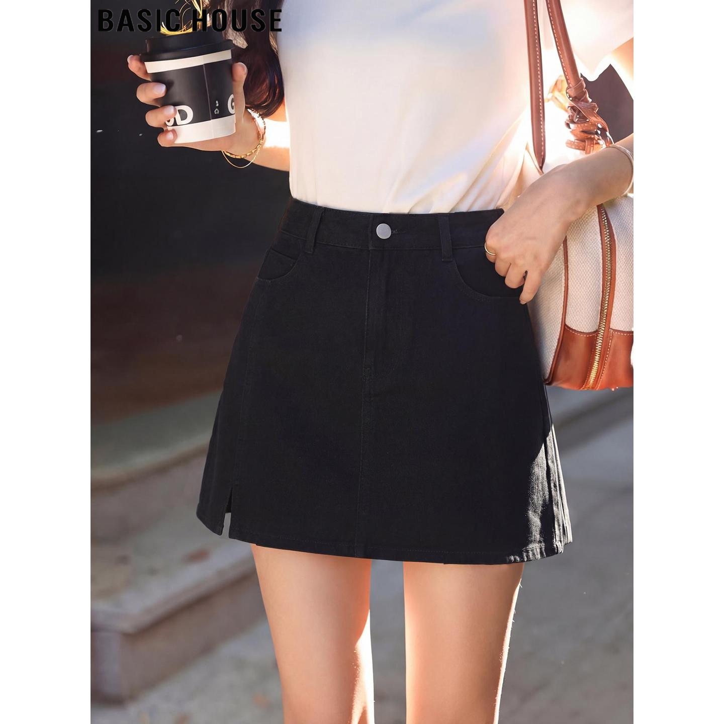 Basic House/百家好黑色开叉纯棉牛仔半身短裙女夏季包臀A字裙子