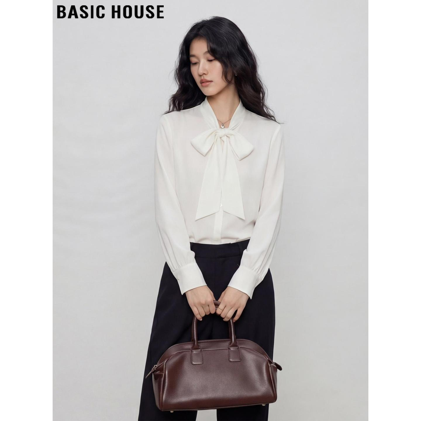 Basic House/百家好设计感白色蝴蝶结系带衬衫女2026春季长袖衬衣