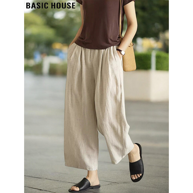 Basic House/百家好复古亚麻天丝九分阔腿裤女夏季高腰宽松哈伦裤