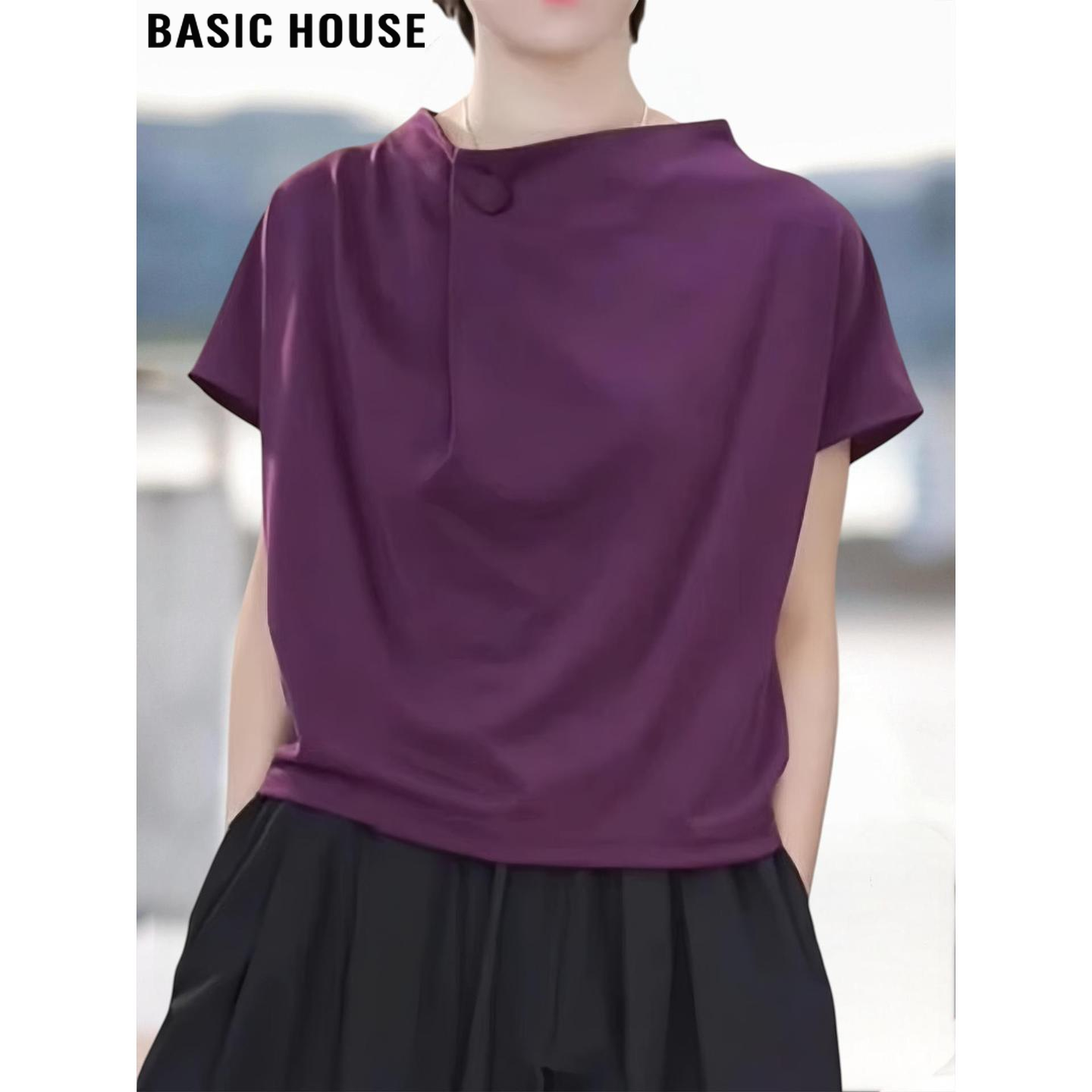 Basic House/百家好设计感立领短袖T恤女夏欧货洋气宽松大码上衣