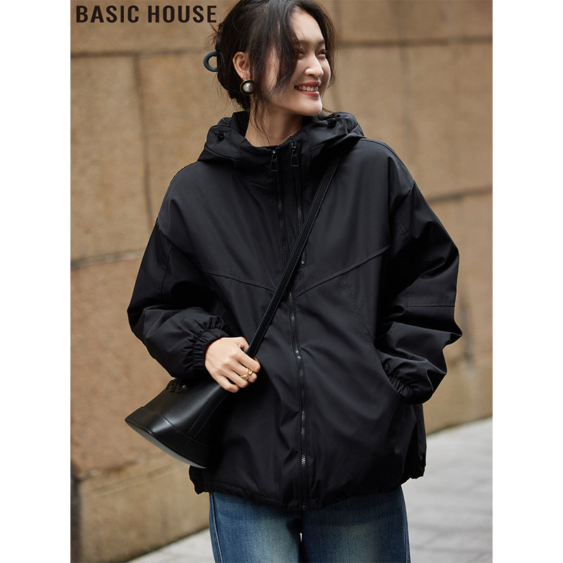 Basic House/百家好黑色连帽夹棉加厚外套女2025冬季拉链夹克棉服