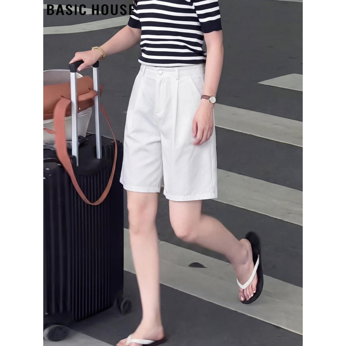 Basic House/百家好白色纯棉五分西装阔腿短裤女夏季垂坠感直筒裤