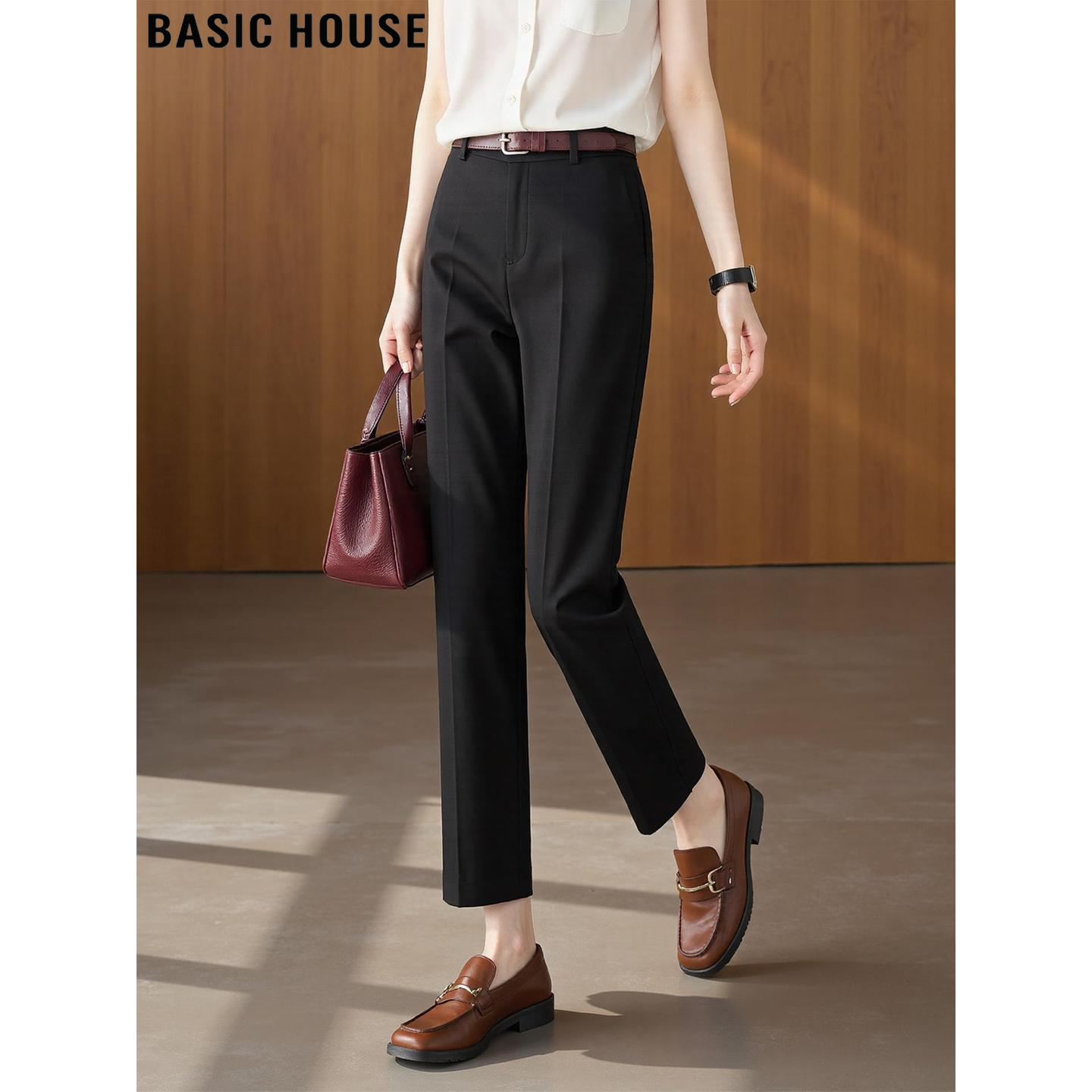 Basic House/百家好黑色直筒西装裤女冬季通勤质感高腰休闲九分裤