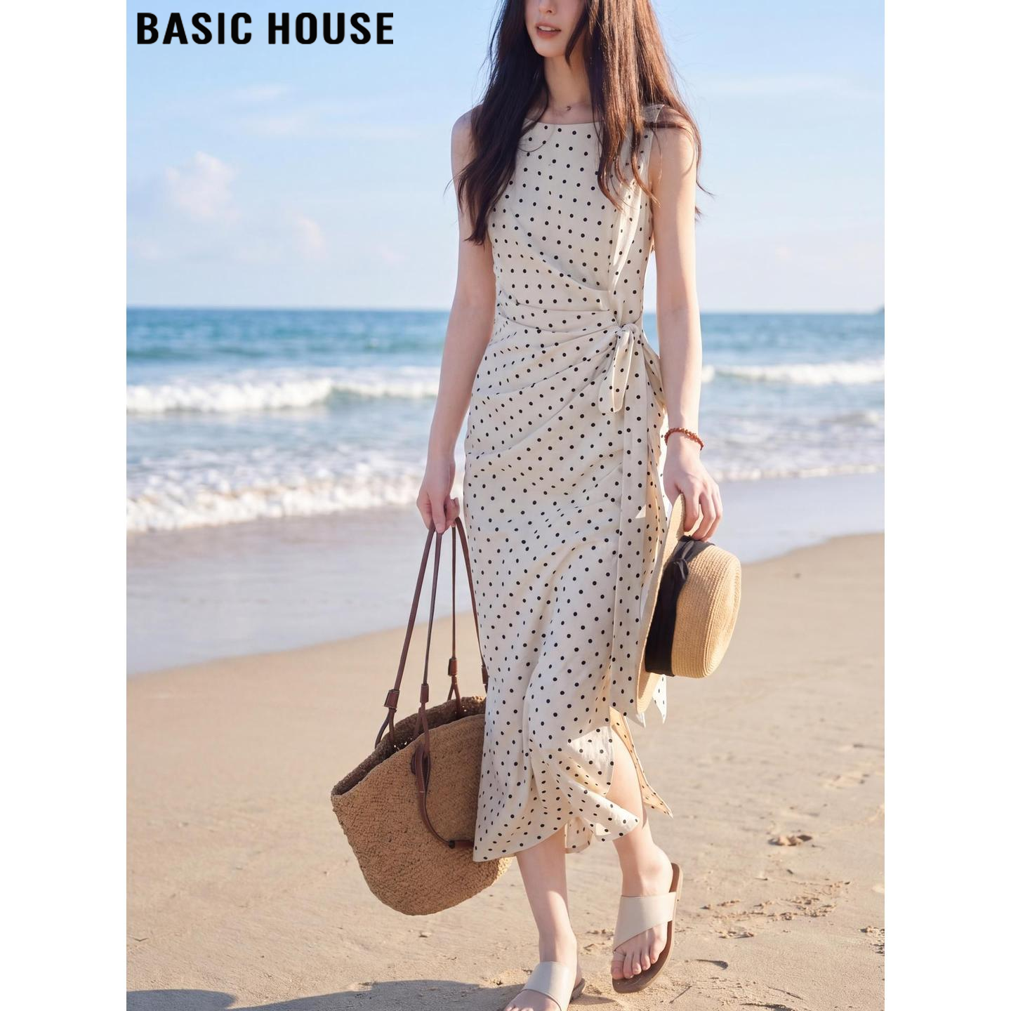 Basic House/百家好法式杏色波点薄款亚麻连衣裙女夏季收腰背心裙