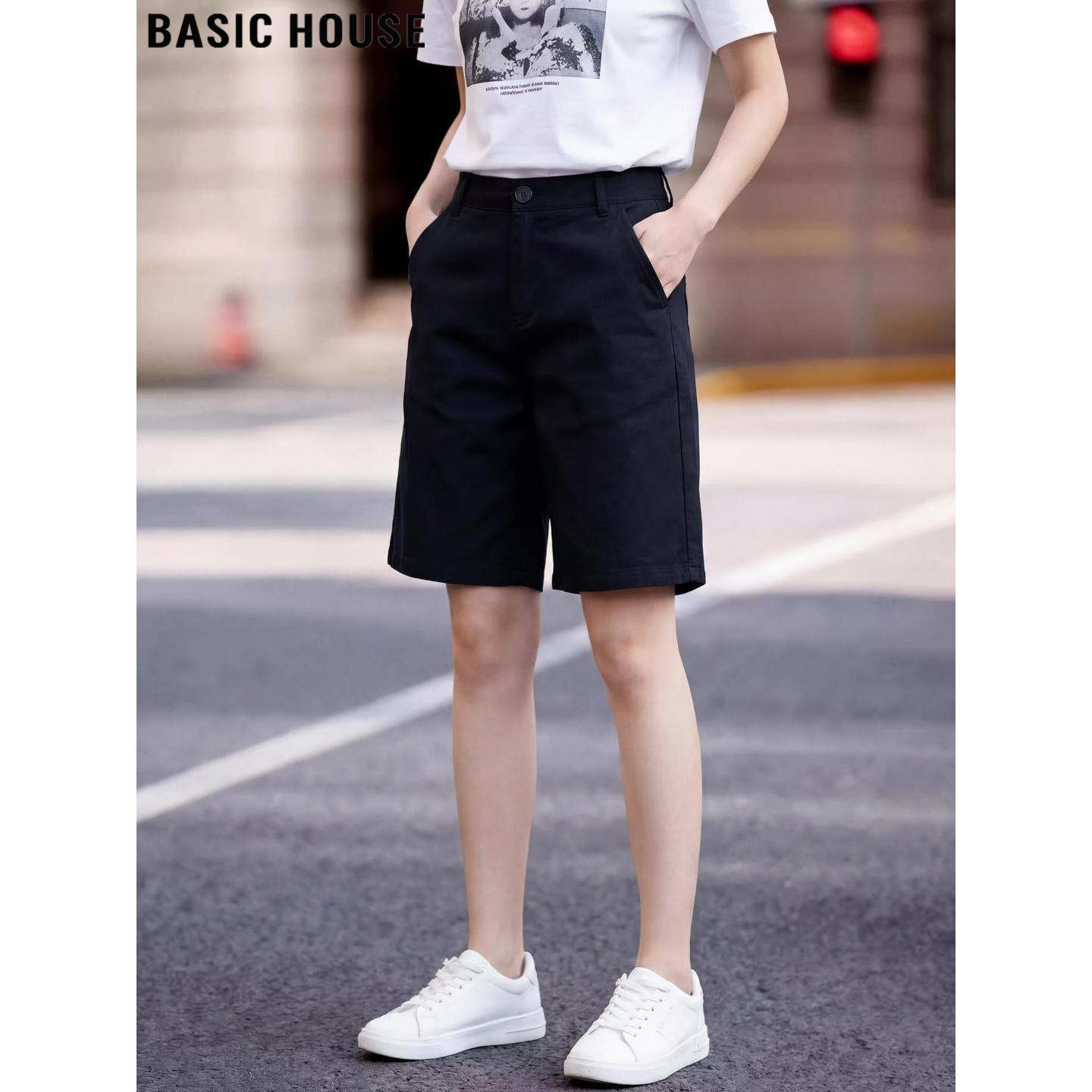 Basic House/百家好黑色五分阔腿西装短裤女夏季通勤风高腰直筒裤