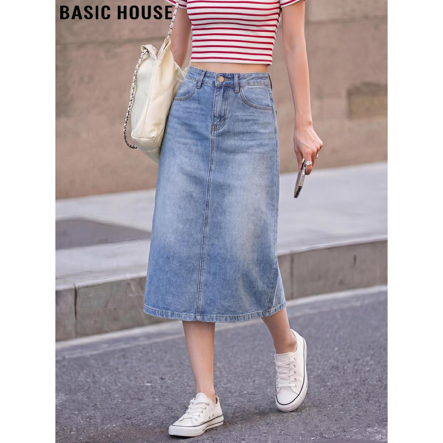 Basic House/百家好复古蓝色直筒牛仔半身裙女夏季高腰A字包臀裙