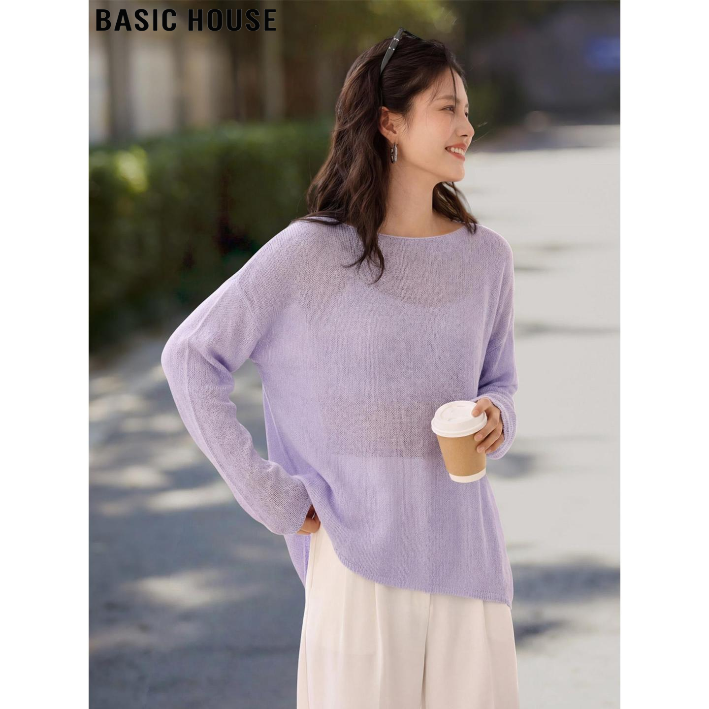 Basic House/百家好紫色一字领薄款天丝针织衫女夏季冰丝防晒罩衫
