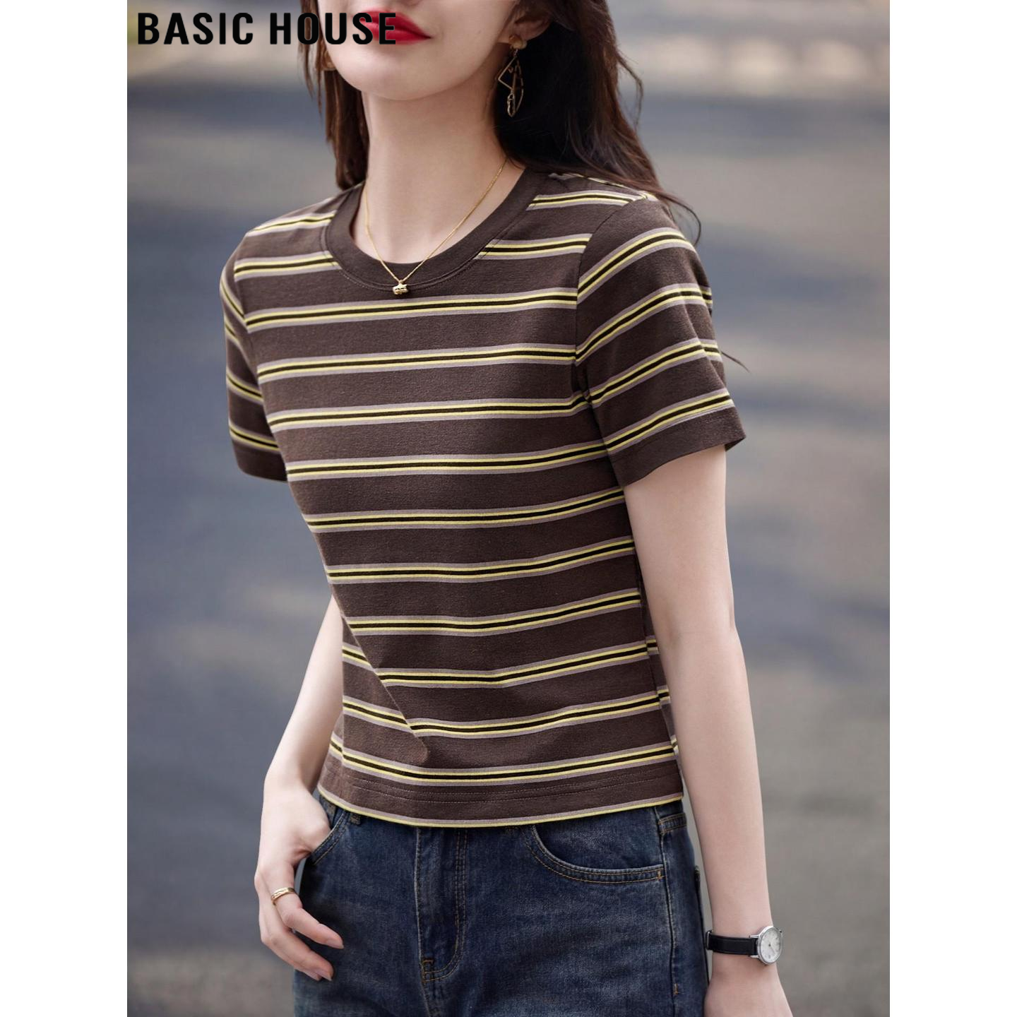Basic House/百家好咖色条纹100%羊毛圆领短袖T恤女夏季体恤上衣