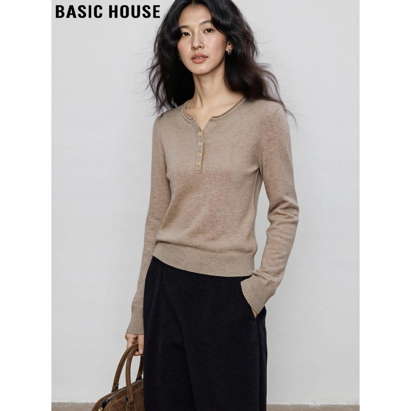 Basic House/百家好复古卡其色V领长袖针织衫女2026春季打底毛衣