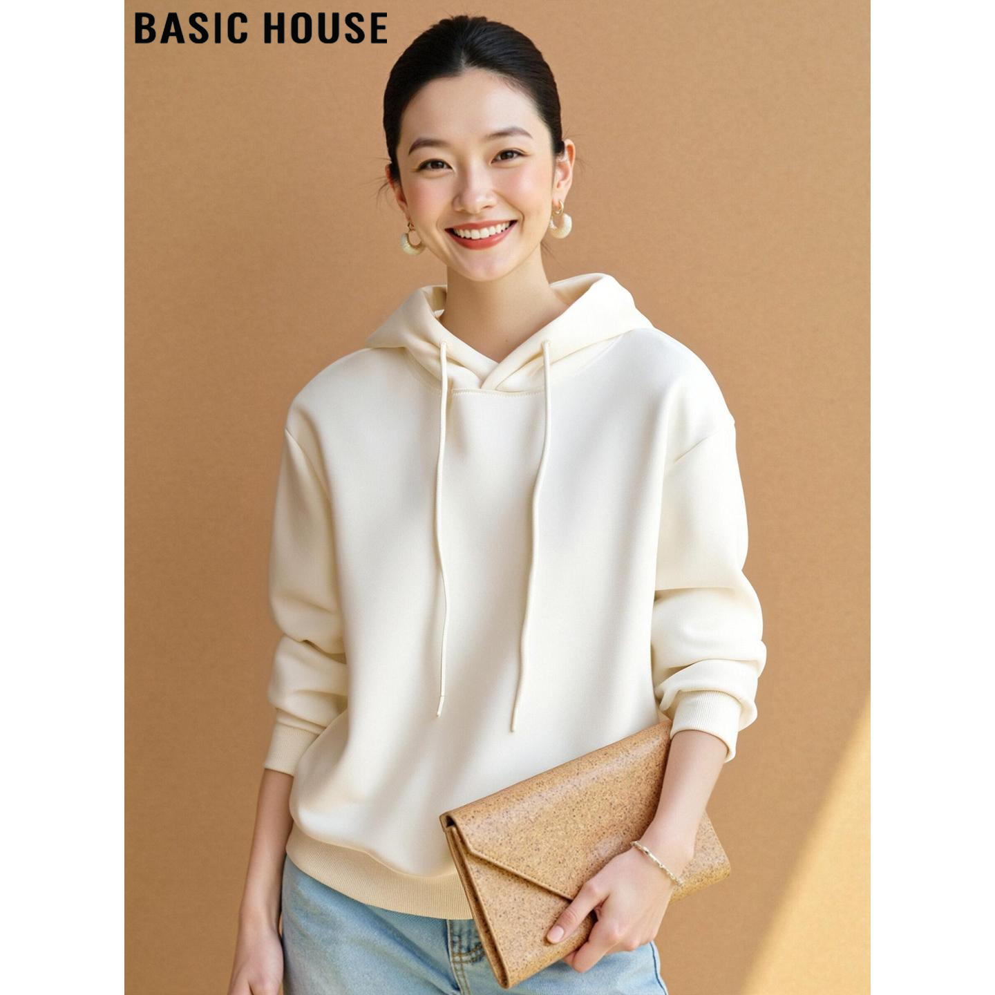 Basic House/百家好休闲纯色加厚运动连帽卫衣女2026春季套头帽衫