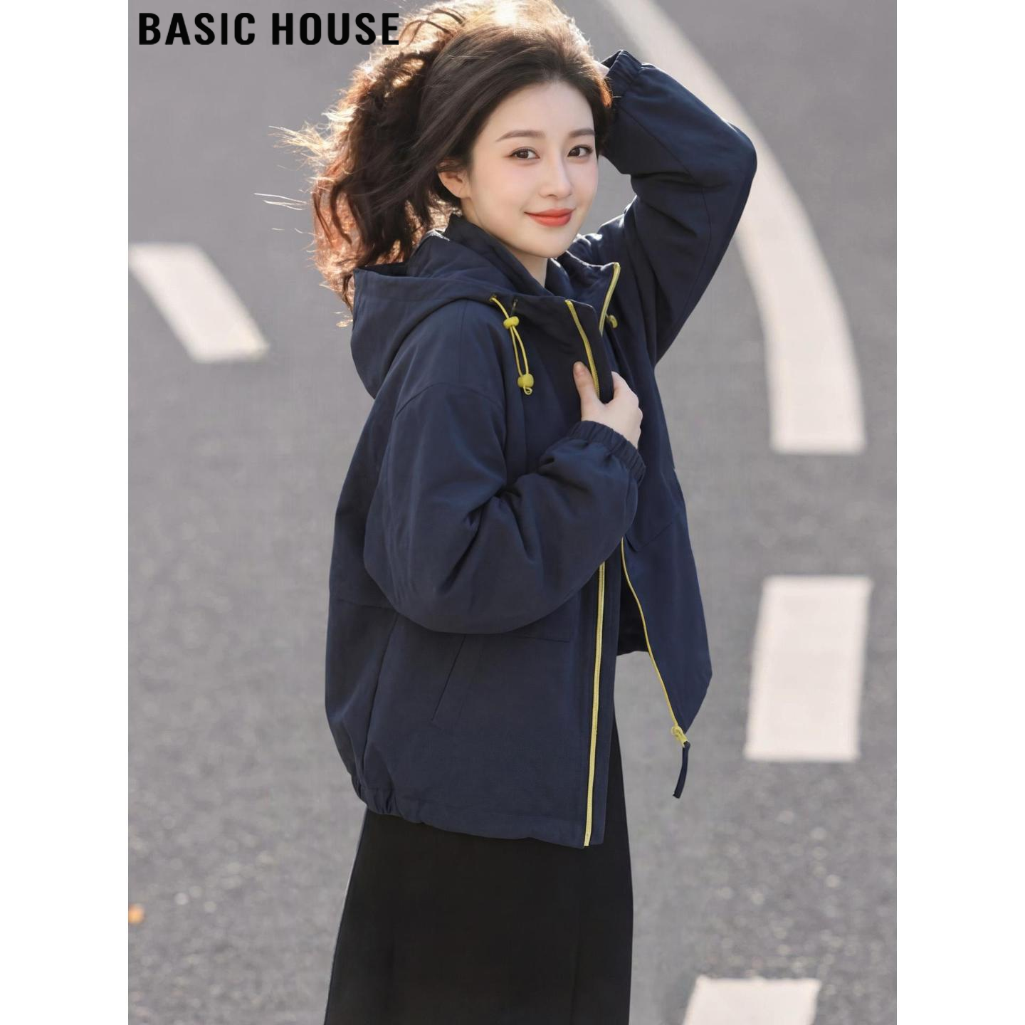 Basic House/百家好藏青色运动连帽外套女2026加厚双拉链夹克上衣