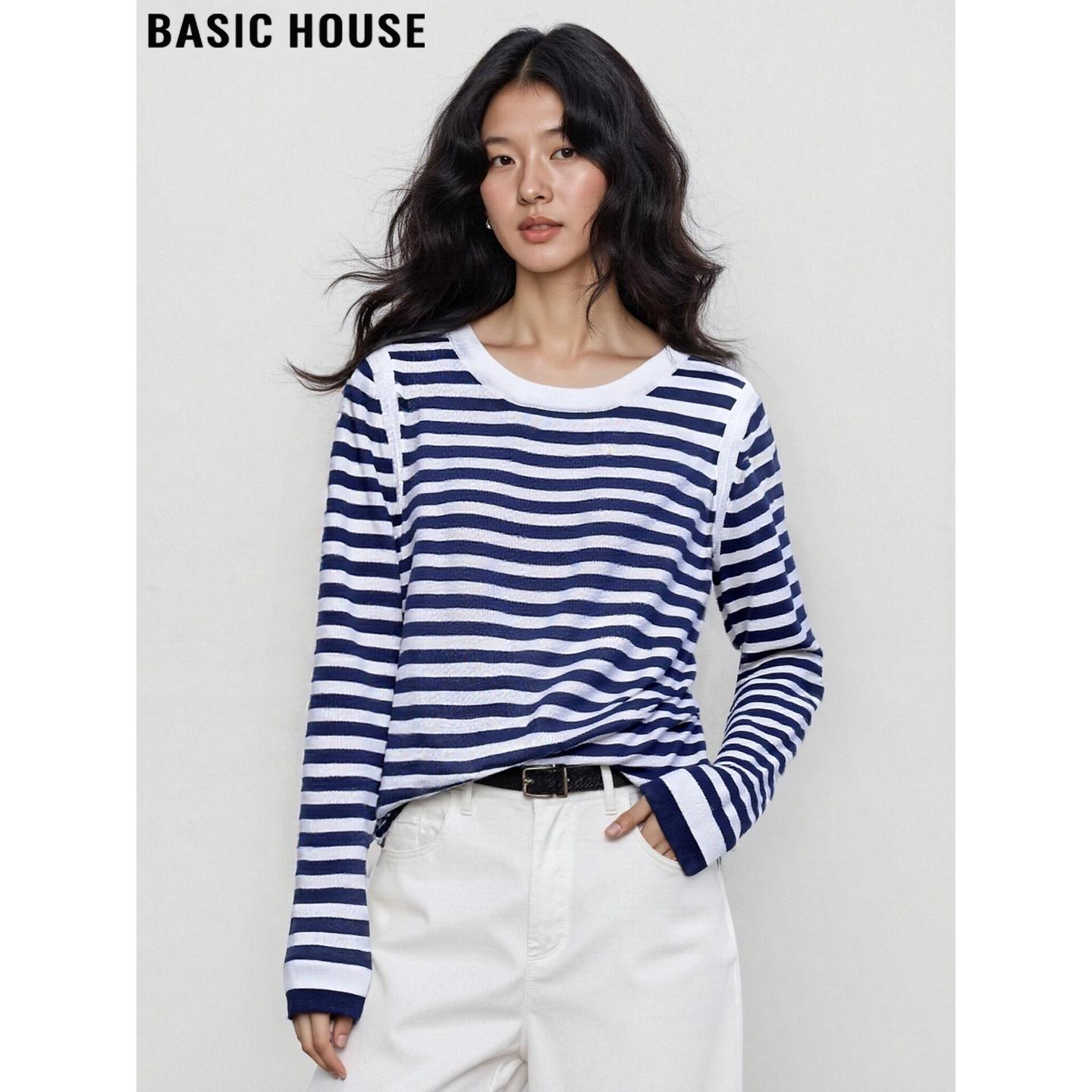 Basic House/百家好条纹撞色圆领长袖T恤女夏季薄款天丝防晒罩衫