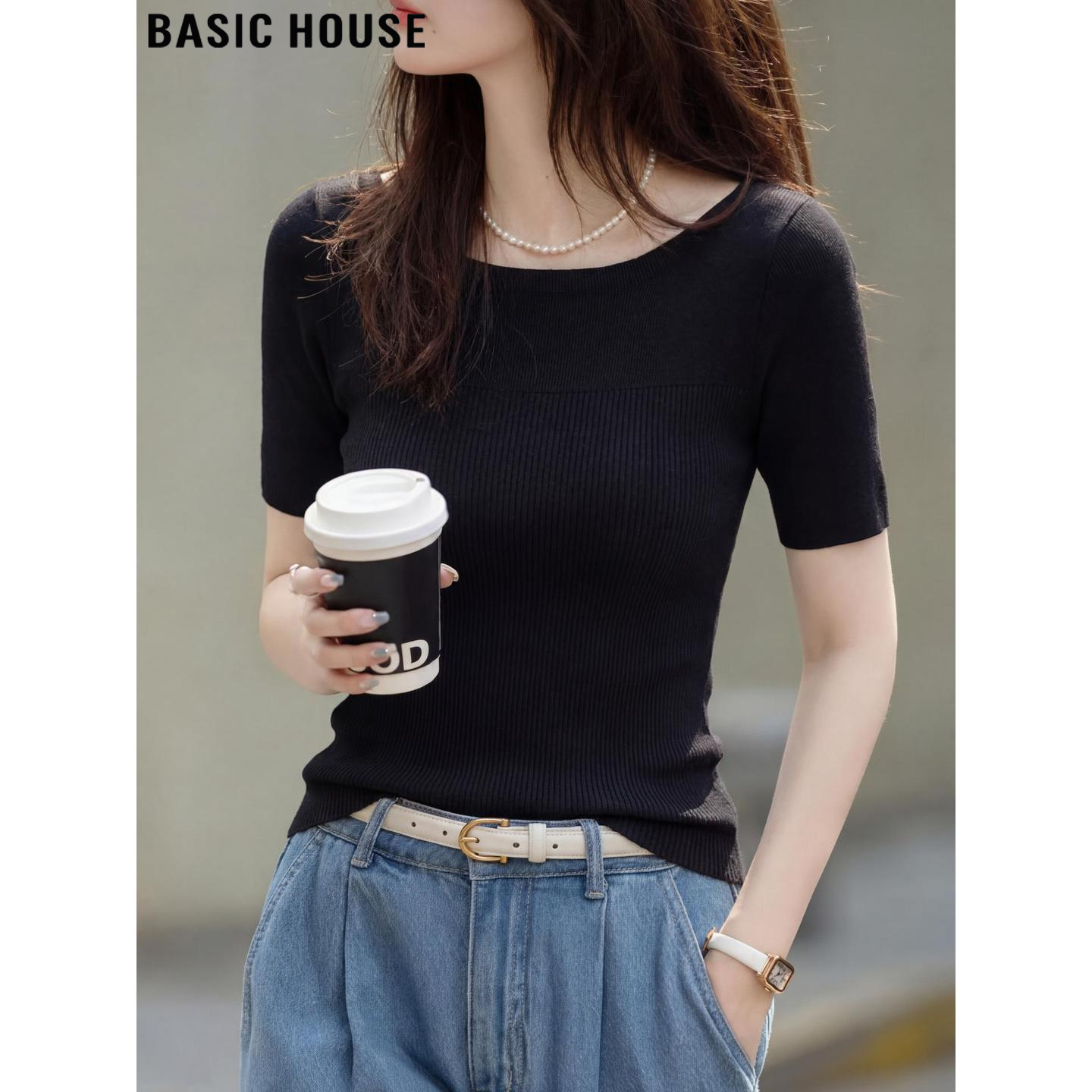 Basic House/百家好法式黑色一字领短袖T恤女夏季显瘦针织衫上衣