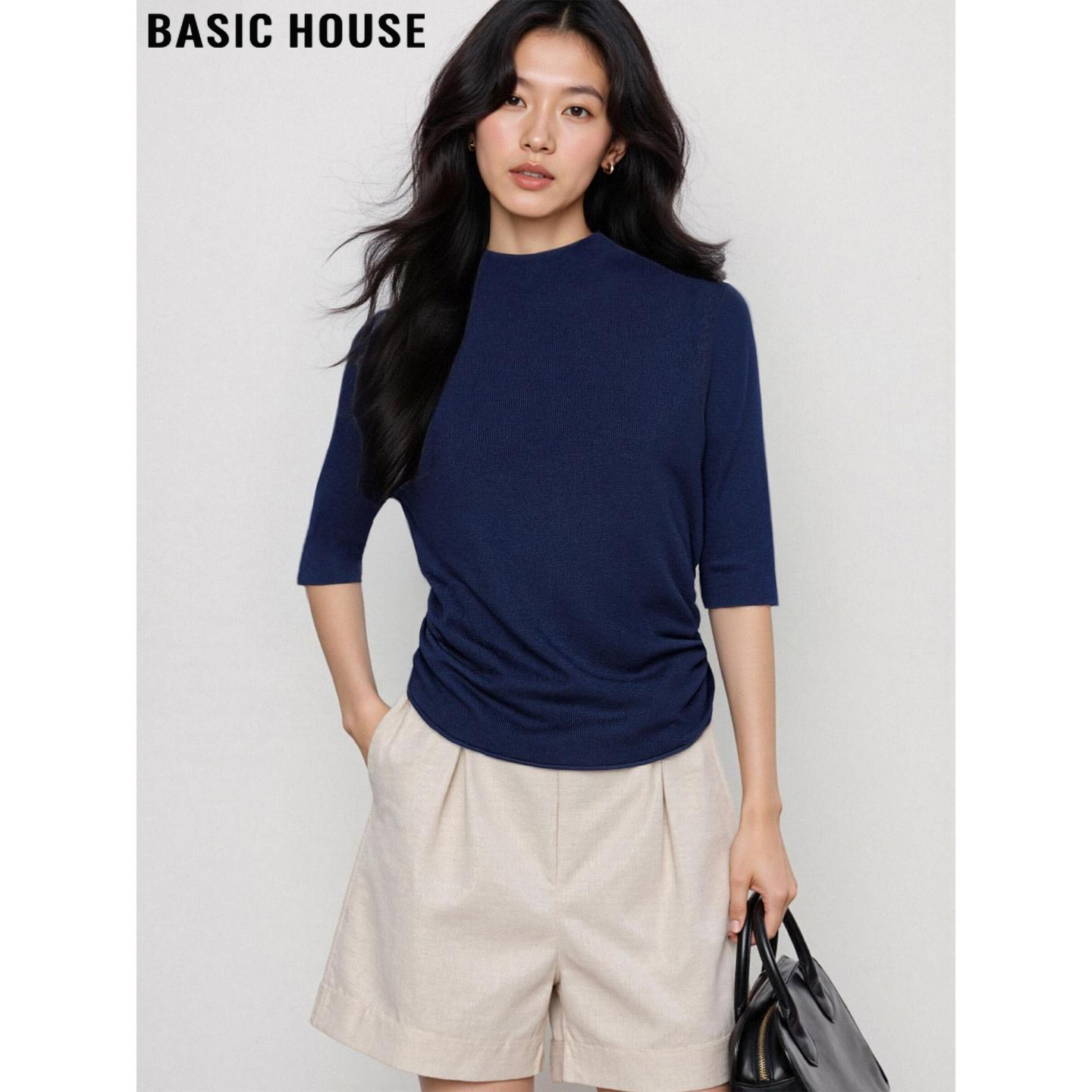 Basic House/百家好藏青色半高领掐腰中袖针织衫打底女士2026夏季