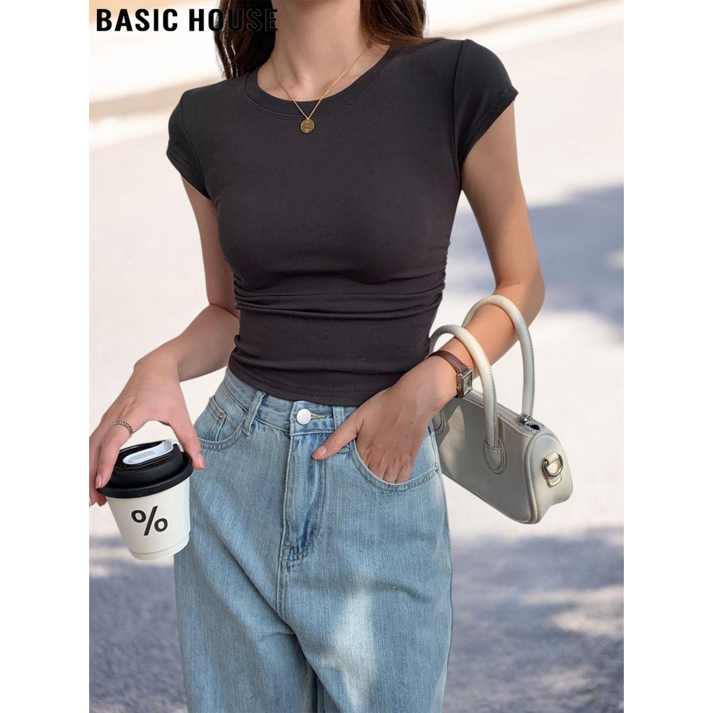 Basic House/百家好深灰色圆领正肩T恤女夏薄款修身短袖体恤上衣