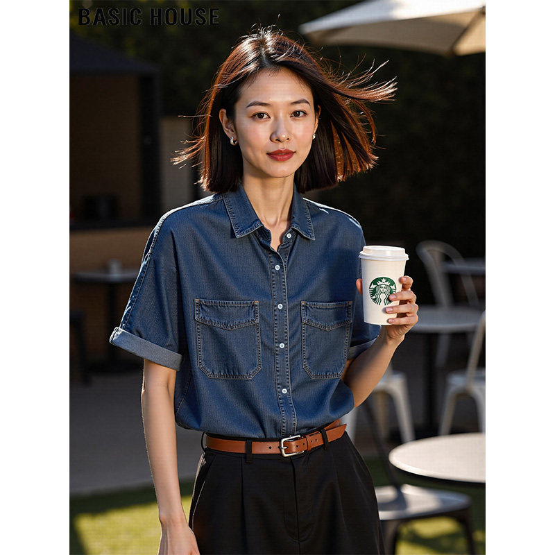 Basic House/百家好莱赛尔天丝复古牛仔衬衫女夏季深蓝色短袖开衫