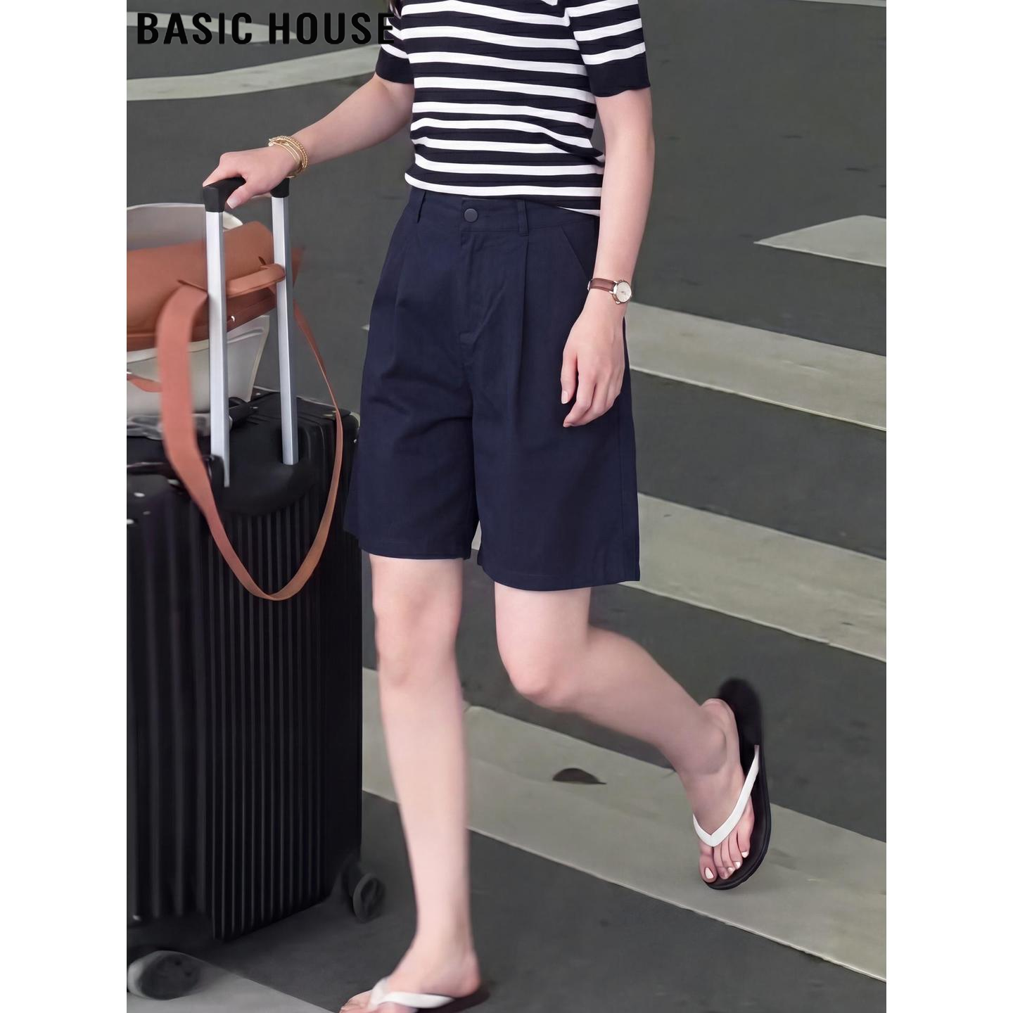 Basic House/百家好藏蓝色纯棉五分西装短裤女夏季高腰直筒阔腿裤