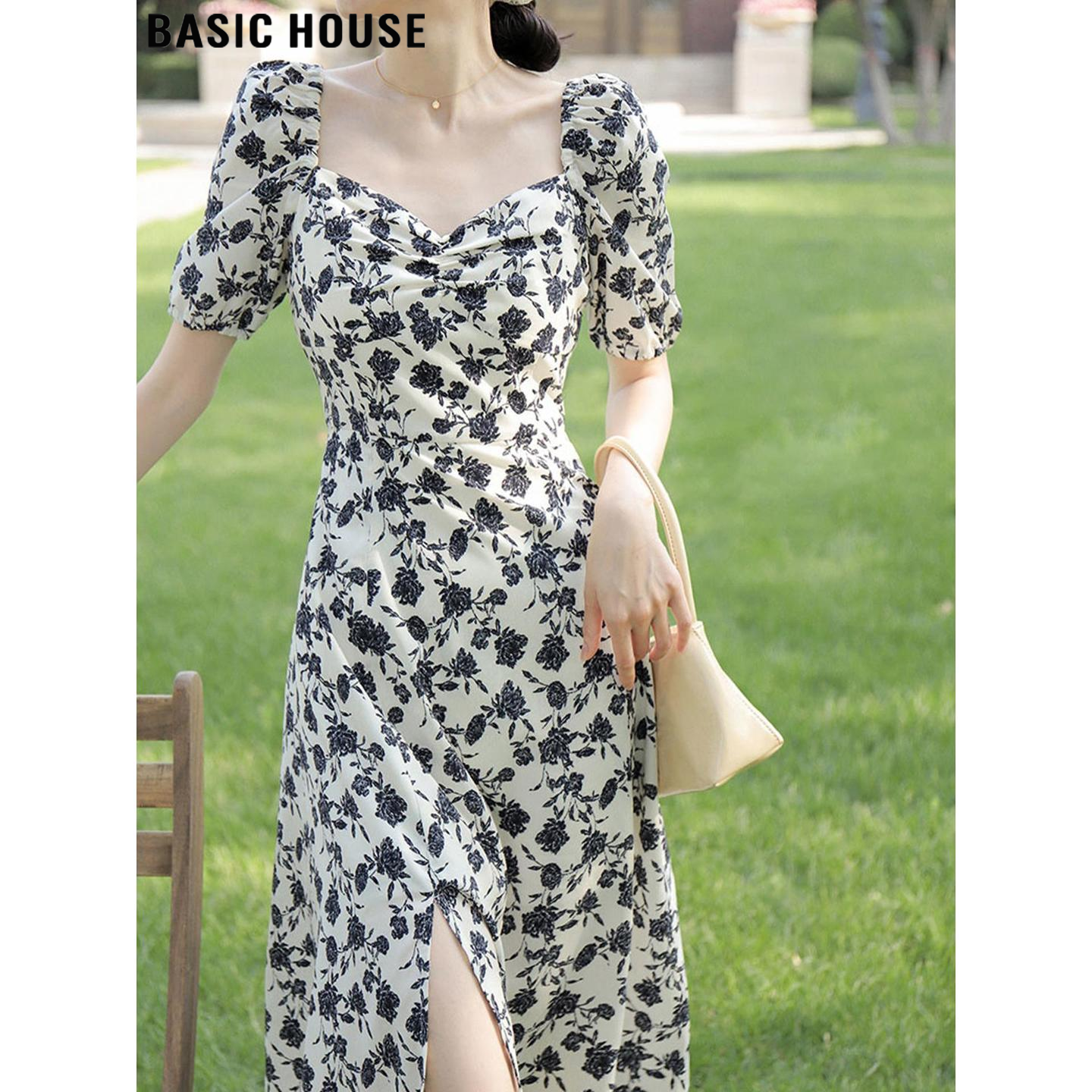 Basic House/百家好度假风开叉碎花短袖连衣裙女夏季绝美掐腰长裙