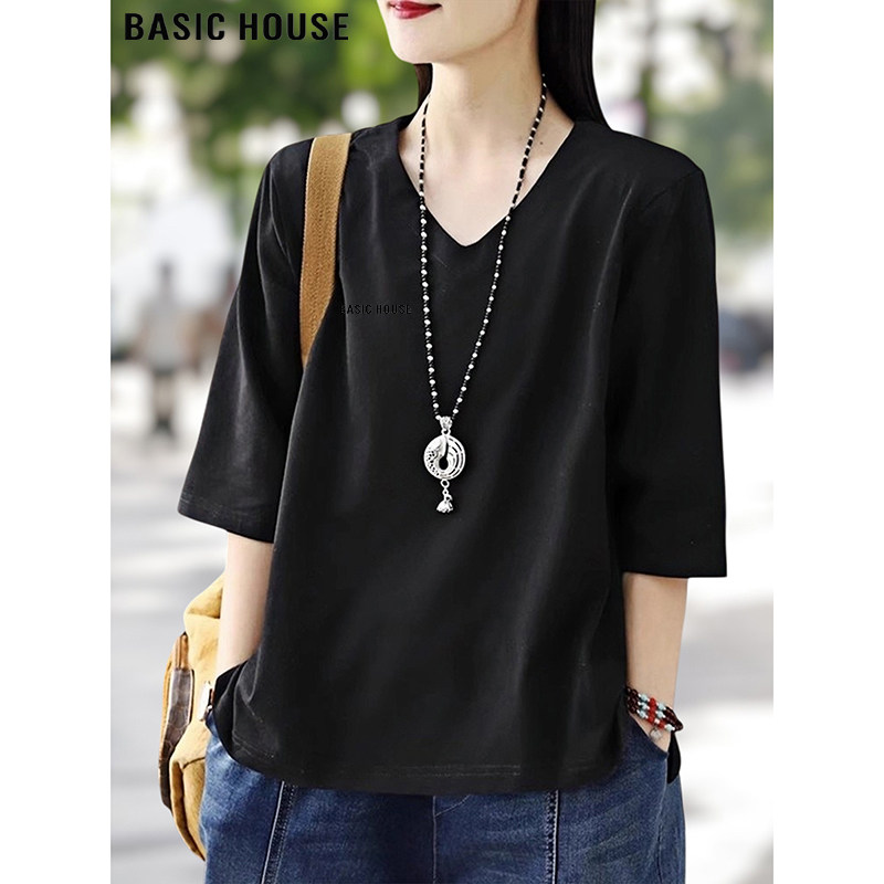 Basic House/百家好黑色七分袖纯棉T恤女2026夏季新款宽松V领上衣