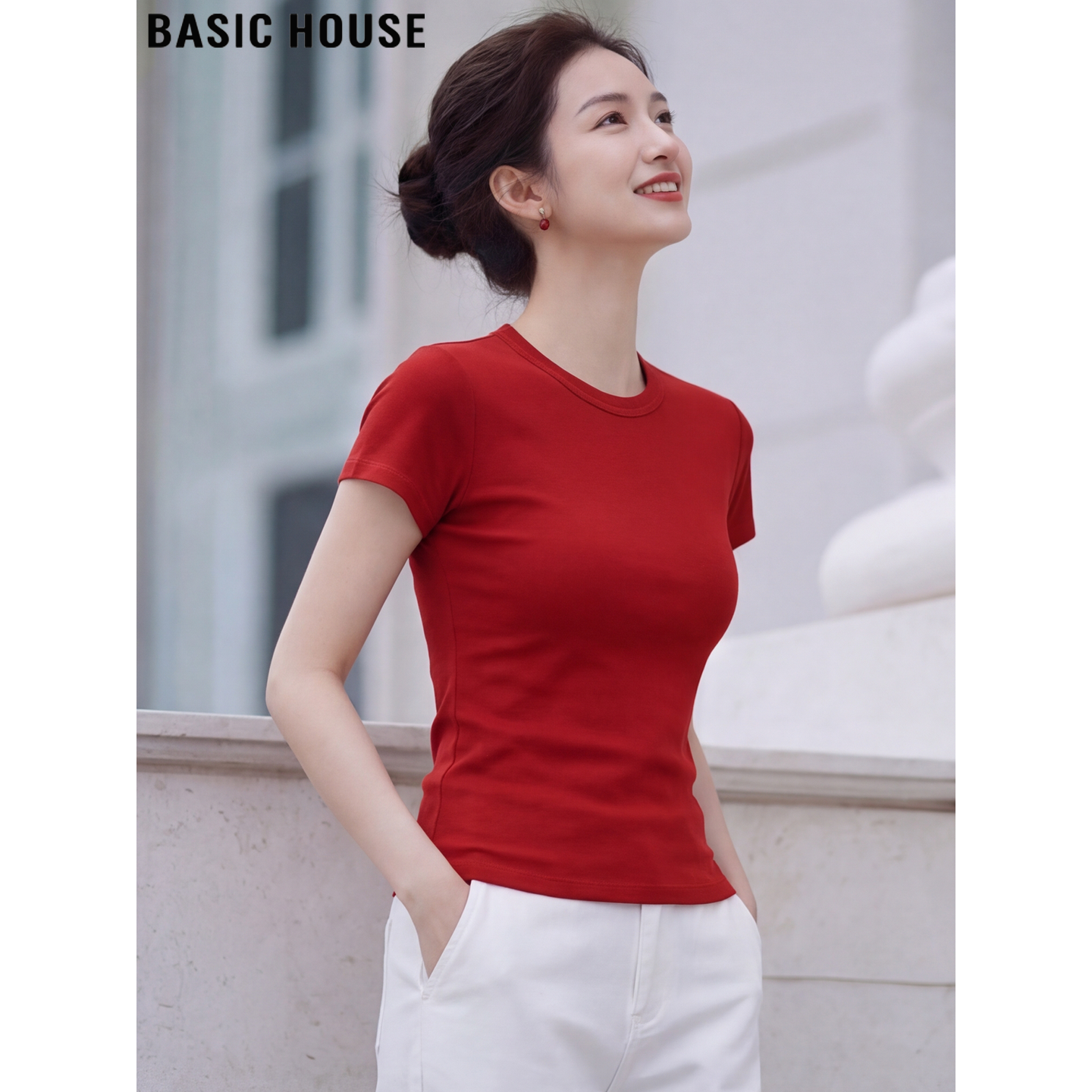 Basic House/百家好复古红色圆领短袖T恤女夏季修身显瘦体恤上衣