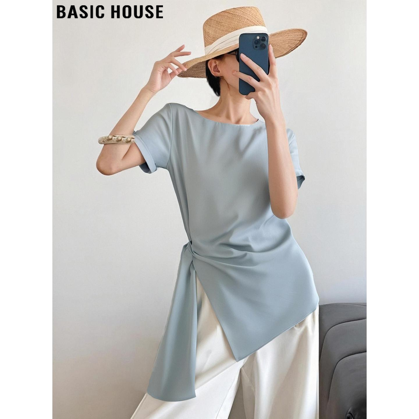 Basic House/百家好浅蓝色褶皱修身短袖T恤女夏法式气质开叉上衣
