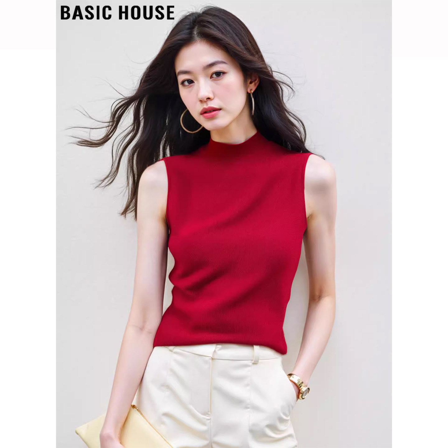 Basic House/百家好修身红色半高领针织背心女2026夏季无袖打底衫