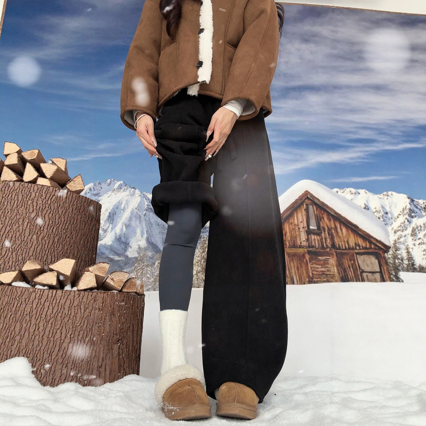 秋冬加绒裤子女宽松慵懒风小个子梨形报恩美拉德棕咖色休闲阔腿裤