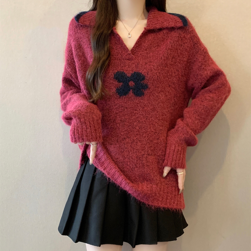 玫红色V领正肩毛衣针织衫