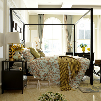 美式床全实木双人床新中式四柱床1.8米/1.5米架子床婚床 气压高箱