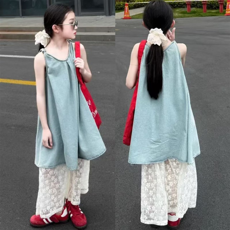 女童薄款牛仔吊带连衣裙蕾丝阔腿裙裤韩系套装度假旅游绝美穿搭潮