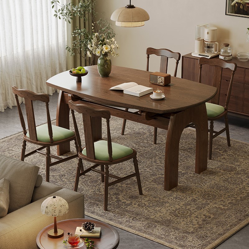 法式中古风实木伸缩餐桌可变圆桌折叠小户型胡桃木色复古风饭桌子