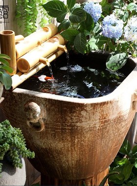 复古陶瓷仿古大缸粗陶手工圆坛方水缸大花盆鱼缸落地摆件庭院园林