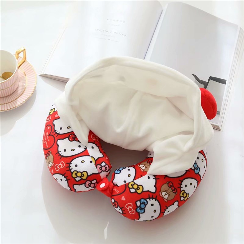 新款卡通带帽U型枕飞机旅行帽子便携遮光午睡护颈枕二合一U枕