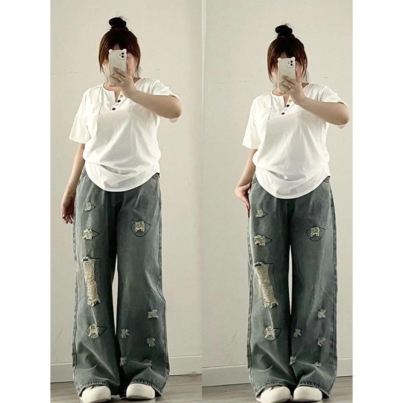 300斤大d码女装复古破洞牛仔裤女夏季胖mm裤子宽松显瘦阔腿裤女裤