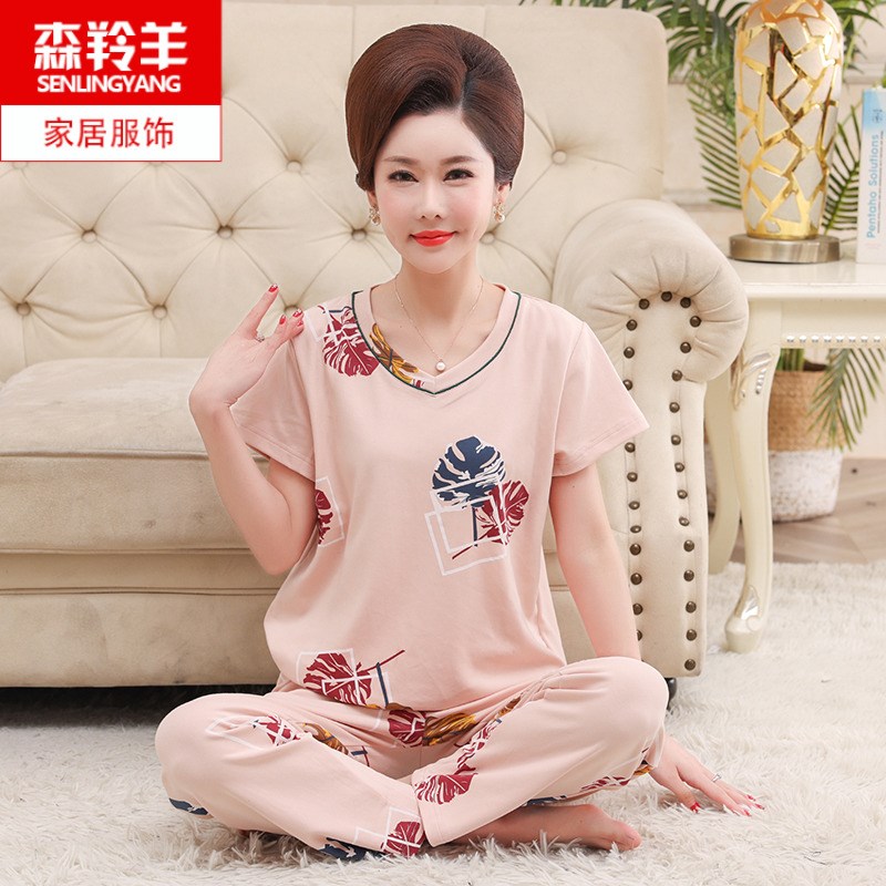 妈妈夏天短袖长裤纯棉休闲薄款睡衣可外穿中老年人女士宽松家居服