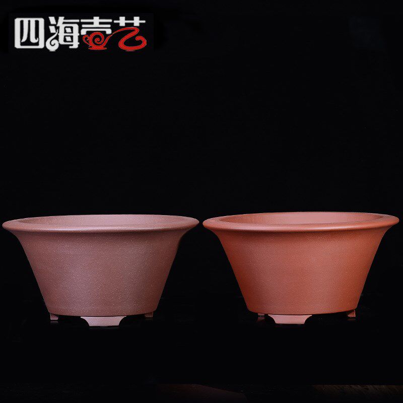 宜兴精品中型桌面台案紫砂花盆兰花盆徐卫群圆型超大底孔瓢口圆盆
