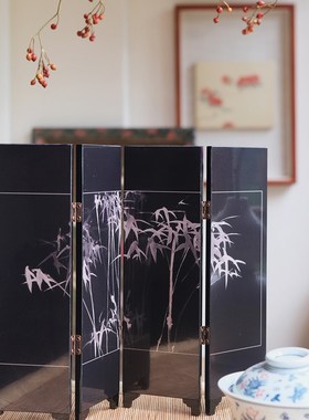 松鹤竹屏仿古漆器生日送礼复古新中式日式桌面小屏风摆件工艺品