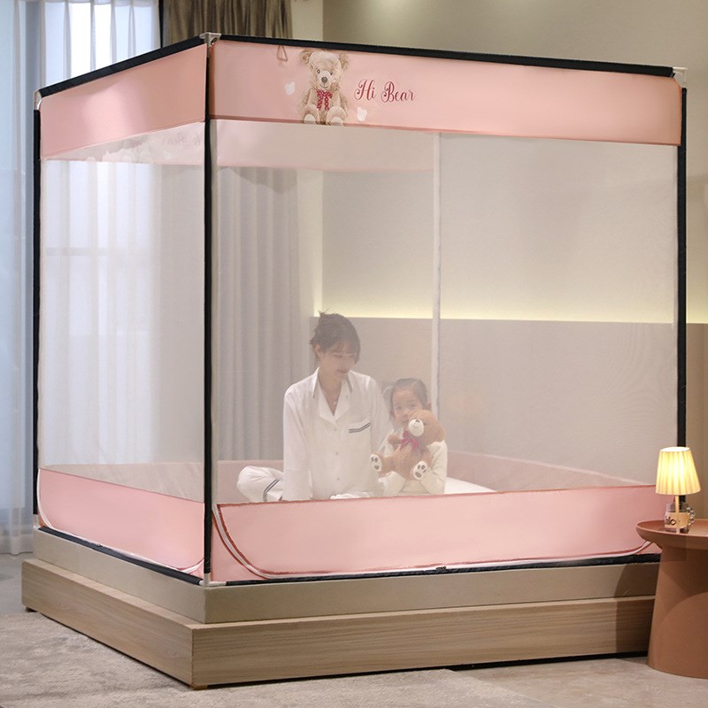A类坐床蚊帐全底儿童防摔防掉床拉链三开门方帐加防蚊蒙古包