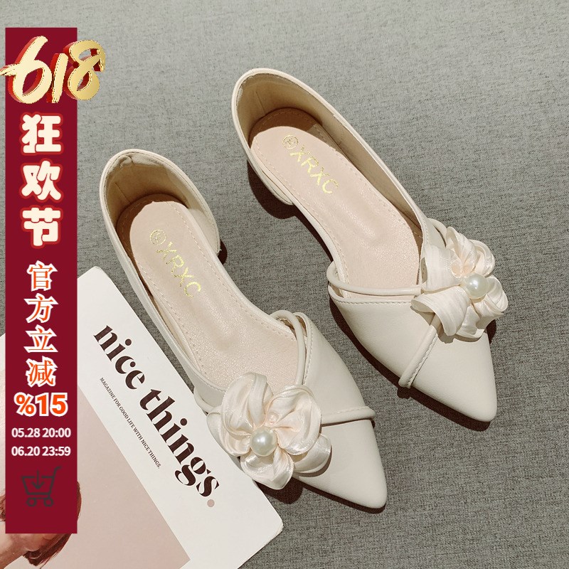 2025年新款浅口尖头平底花朵侧空晚晚温柔风气质法式配裙子单鞋女