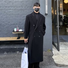 大肩宽宽松双g排扣毛呢大衣男款长款过膝呢子风衣外套男士冬季加