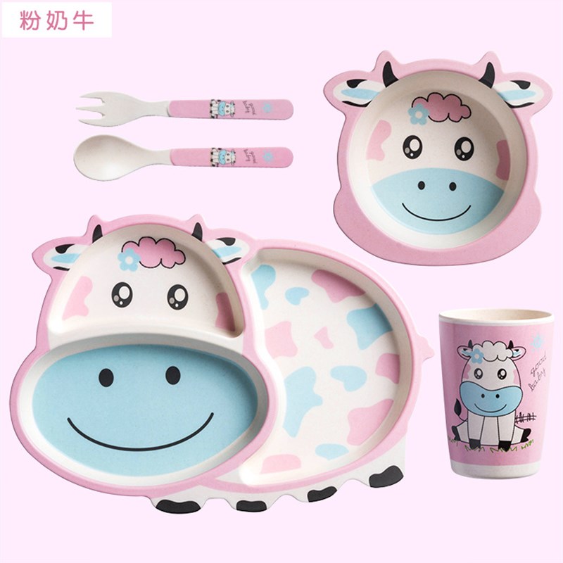 创意竹粉竹纤维儿童餐具套装五件套幼儿园宝宝卡通分格碗餐盘叉勺