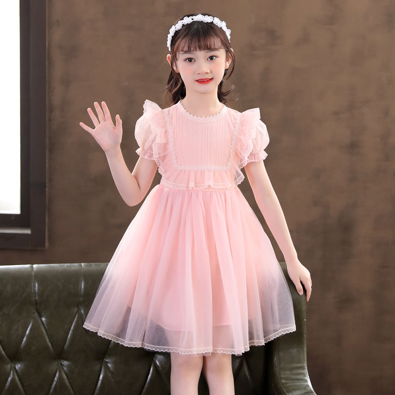 女童短袖连衣裙春夏红裙子儿童六一钢琴表演生日小礼服公主白纱裙
