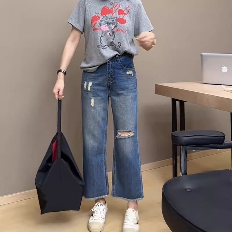 大码百搭复古显瘦直筒牛仔裤女2025春季新款显瘦破洞九分阔腿裤子