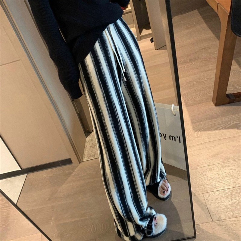 孕妇休闲裤复古针织条纹渐变宽松高腰阔腿裤垂感休闲毛线孕妇裤子