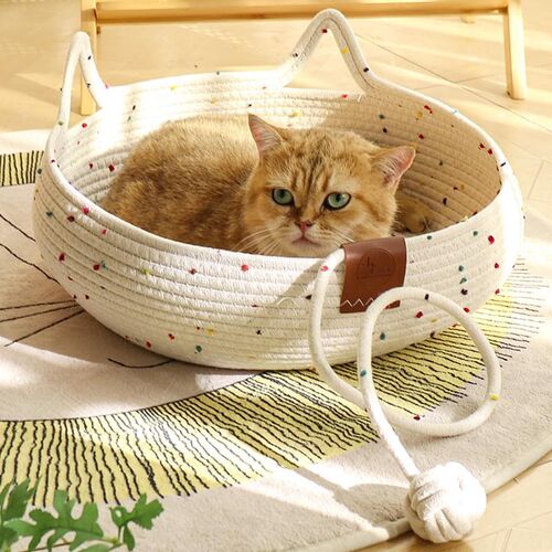 猫窝冬季保暖藤编窝五彩绒球猫抓板四季通用睡觉窝宠物窝猫咪用品