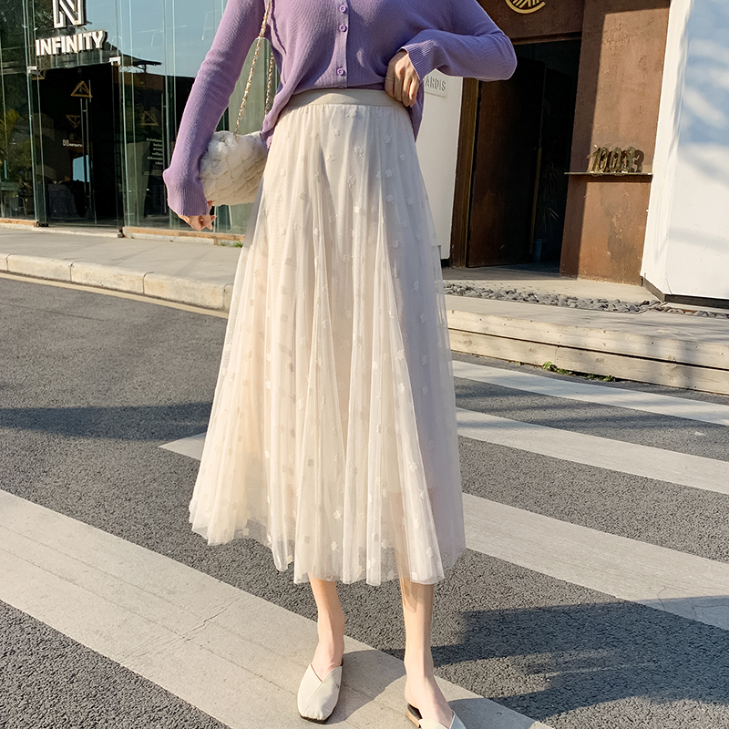 纱裙女春秋季高腰中长款a字显瘦半身裙设计感小众高级感半身长裙