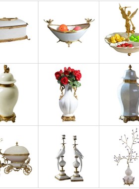 欧式白色冰裂纹陶瓷配铜摆件美式高端桌面花瓶果盘客厅玄关装饰品