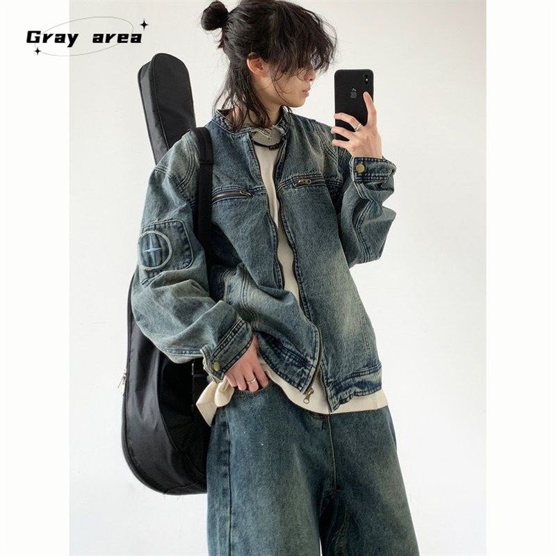 春秋冬季日系复古水洗牛仔夹克男女BF风宽松休闲立领刺绣工装外套,男装,夹克,淘宝优惠券,粉丝福利购,淘宝优惠卷