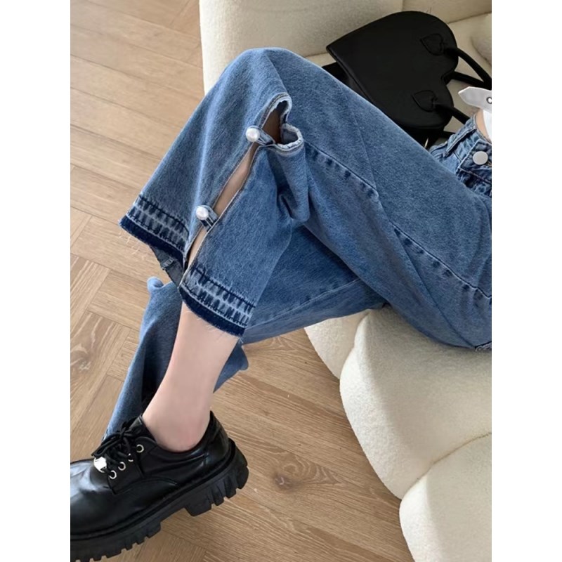 高腰阔腿牛仔裤女夏秋胖mm大码宽松垂感毛M边开叉钉珠直筒九分裤